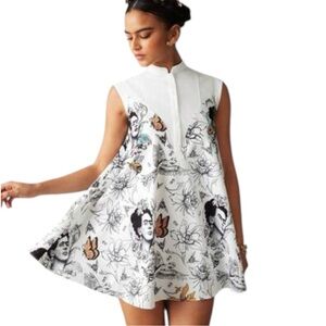 Frida Kahlo White Sleeveless Dress with Artistic Sketch Tattoo Print